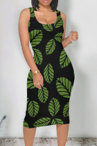 Black Green Street Print Patchwork U Neck Wrapped Skirt Dresses