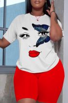 White Red Casual Print Basic O Neck Short Sleeve Two Pieces