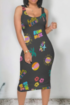 Dark Gray Street Print Patchwork U Neck Wrapped Skirt Dresses