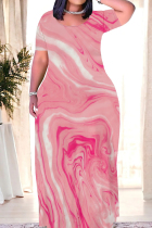 Pink Casual Print Patchwork O Neck Long Dresses