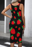 Black Red Street Print Patchwork U Neck Wrapped Skirt Dresses