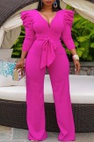 Blue Casual Solid Color With Belt V Neck Skinny Jumpsuits