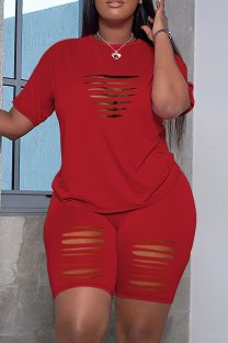 Red Casual Solid Hollowed Out O Neck Plus Size Two Pieces
