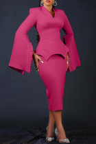 Rose Red Casual Solid Patchwork V Neck Pencil Skirt Dresses