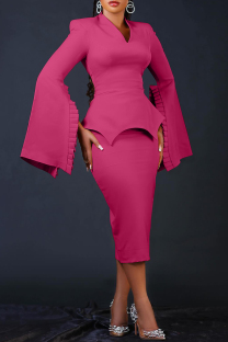Rose Red Casual Solid Patchwork V Neck Pencil Skirt Dresses