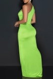 Rose Red Street Solid Color Ruched Patchwork Oblique Collar Long Dresses
