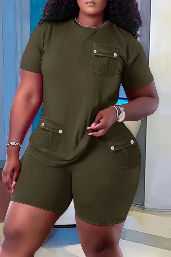 Army Green Casual Solid Patchwork Pocket O Neck Short Sleeve Two Pieces