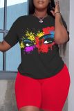Rose Red Casual Print Basic O Neck Short Sleeve Two Pieces