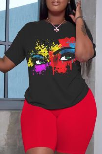 Black Red Casual Print Basic O Neck Short Sleeve Two Pieces
