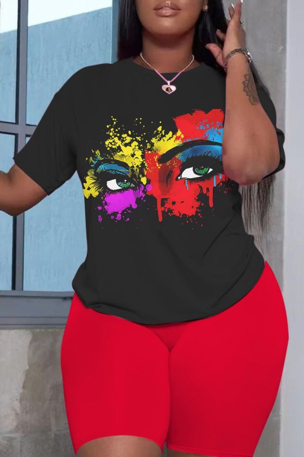 Black Red Casual Print Basic O Neck Short Sleeve Two Pieces