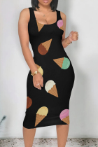 Black Street Print Patchwork U Neck Wrapped Skirt Dresses