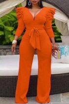 Orange Casual Solid Color With Belt V Neck Skinny Jumpsuits