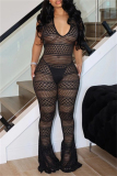 Black Sexy Solid See-through Backless Halter Skinny Jumpsuits