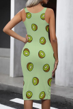Black Street Print Patchwork U Neck Wrapped Skirt Dresses