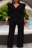 Blue Casual Solid Color With Belt V Neck Skinny Jumpsuits