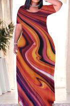 Orange Red Casual Print Patchwork O Neck Long Dresses