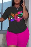 Rose Red Casual Print Basic O Neck Short Sleeve Two Pieces