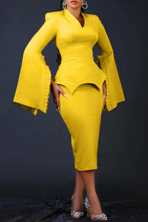 Yellow Casual Solid Patchwork V Neck Pencil Skirt Dresses