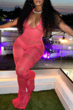 Black Sexy Solid See-through Backless Halter Skinny Jumpsuits