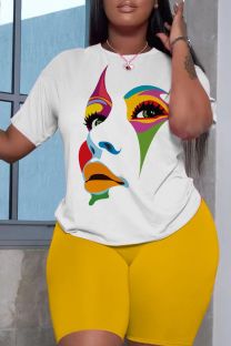 White Yellow Casual Print Basic O Neck Short Sleeve Two Pieces
