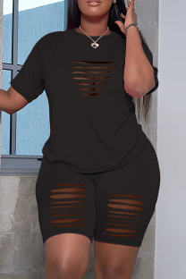 Black Casual Solid Hollowed Out O Neck Plus Size Two Pieces