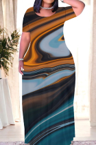 Cyan Casual Print Patchwork O Neck Long Dresses