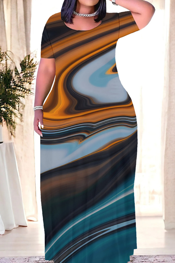 Cyan Casual Print Patchwork O Neck Long Dresses