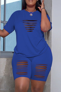 Blue Casual Solid Hollowed Out O Neck Plus Size Two Pieces