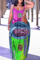 Purple Green Sexy Casual Print Backless Spaghetti Strap Long Dresses