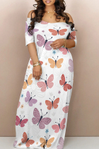White Orange Casual Butterfly Print Patchwork Off Shoulder Long Dresses