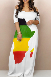 White Street Print Backless Patchwork Off Shoulder Long Dresses
