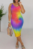Yellow Casual Ombre Rainbow Patchwork V Neck Wrapped Skirt Dresses