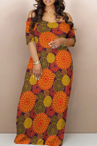 Orange Red Street Print Backless Patchwork Off Shoulder Long Dresses