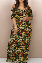 Colour Street Print Backless Patchwork Off Shoulder Long Dresses