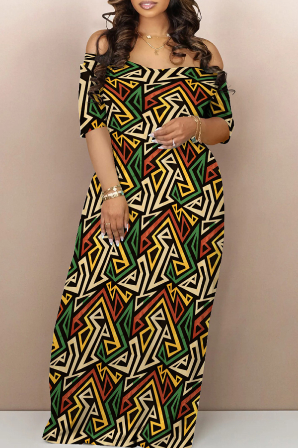 Colour Street Print Backless Patchwork Off Shoulder Long Dresses