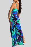 Blue Sexy Floral Print Hollow Out High Slit Patchwork Spaghetti Strap Loose Jumpsuits