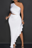 White Sexy Solid Color Patchwork Ruffle Irregular Hem Oblique Collar Irregular Dresses