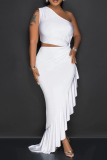 White Sexy Solid Color Patchwork Ruffle Irregular Hem Oblique Collar Irregular Dresses
