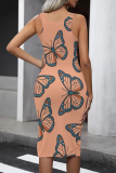 Powder Blue Casual Butterfly Print Contrast U Neck Printed Dresses