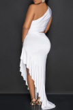 White Sexy Solid Color Patchwork Ruffle Irregular Hem Oblique Collar Irregular Dresses