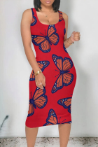Red Casual Butterfly Print Contrast U Neck Printed Dresses