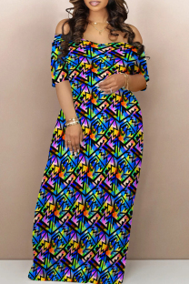 Blue Street Print Backless Patchwork Off Shoulder Long Dresses
