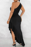 White Sexy Solid Color Patchwork Ruffle Irregular Hem Oblique Collar Irregular Dresses