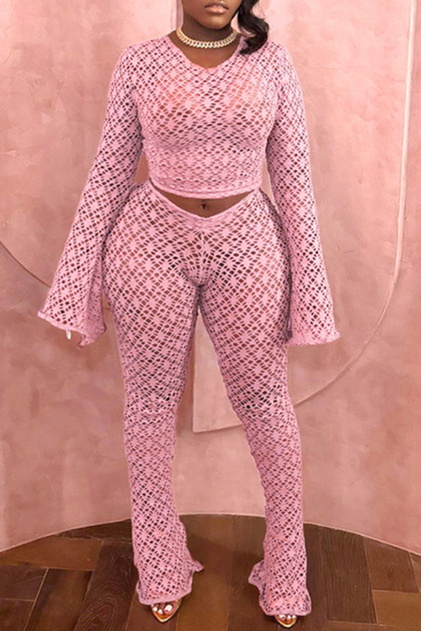 Pink Sexy Solid Color Hollow Out Patchwork O Neck Long Sleeve Two Pieces