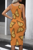 Powder Blue Casual Butterfly Print Contrast U Neck Printed Dresses