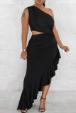 White Sexy Solid Color Patchwork Ruffle Irregular Hem Oblique Collar Irregular Dresses