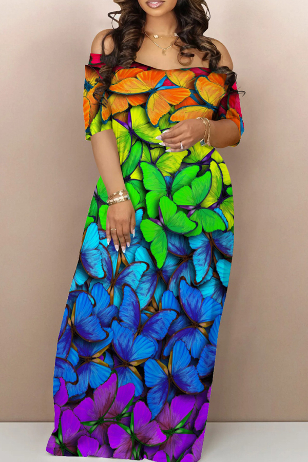 Rainbow Color Casual Butterfly Print Patchwork Off Shoulder Long Dresses