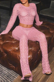 Pink Sexy Solid Color Hollow Out Patchwork O Neck Long Sleeve Two Pieces