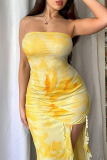 Yellow Sexy Print High Slit Patchwork Irregular Hem Strapless Long Dresses