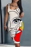 Black White Casual Print Basic U Neck Vest Dresses